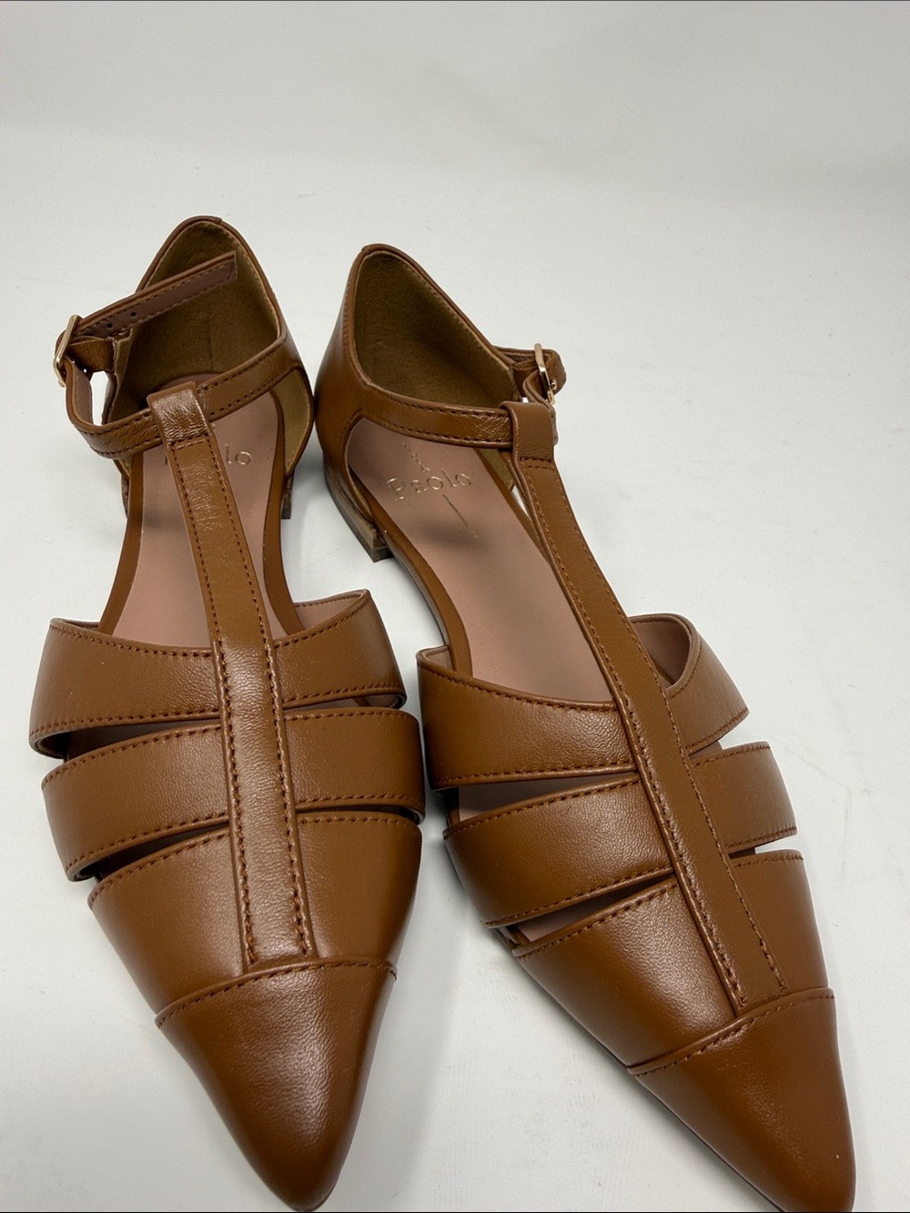 NEW LINEA PAOLO Cognac Nappa Pointed T-Strap Women's Flats - Picture 3 of 6